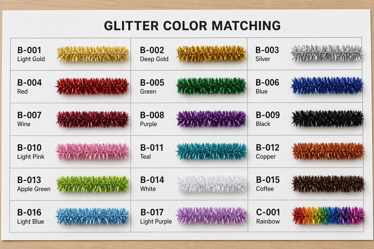 English glitter chenille stem color matching chart